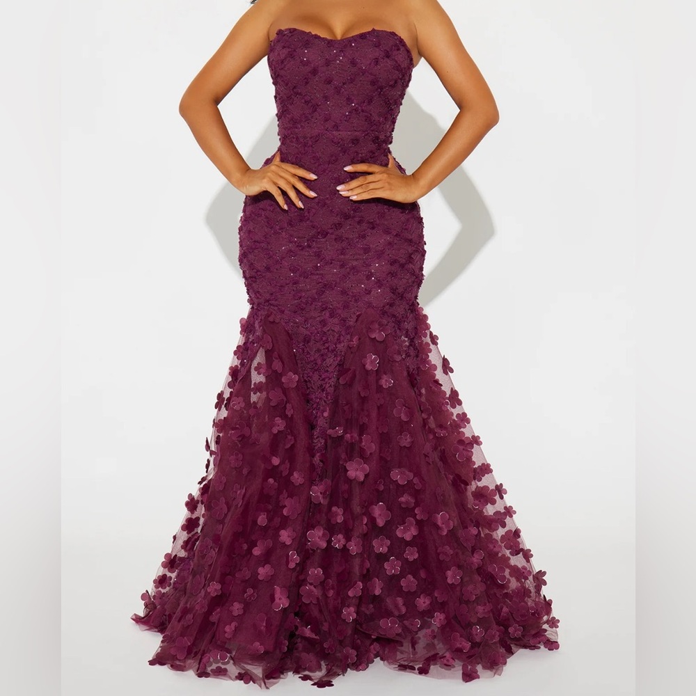 Strapless Floral Burgundy Gown
